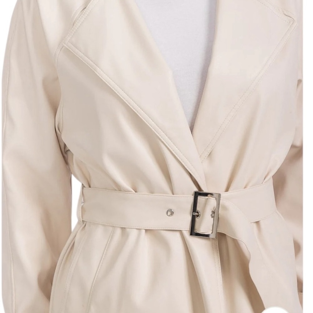 Long Sleeve Open Front Pockets Belted PU Pleather Coat in Cream - Picture 2 of 4